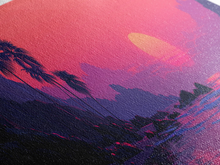 Magenta Tropical Cove Sunset Wall Art, Palm Island Ocean Landscape, Vaporwave Coastal Canvas Decor For Modern Living Room