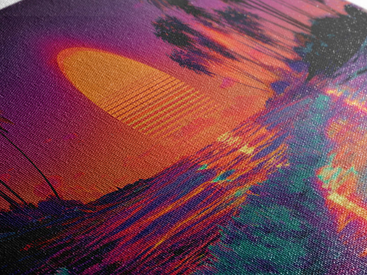 Tropical Sunset Beach With Palms And Waves, Coastal Wall Art, Retro Vaporwave Canvas Print, Beach House Decor, Large Wall Art