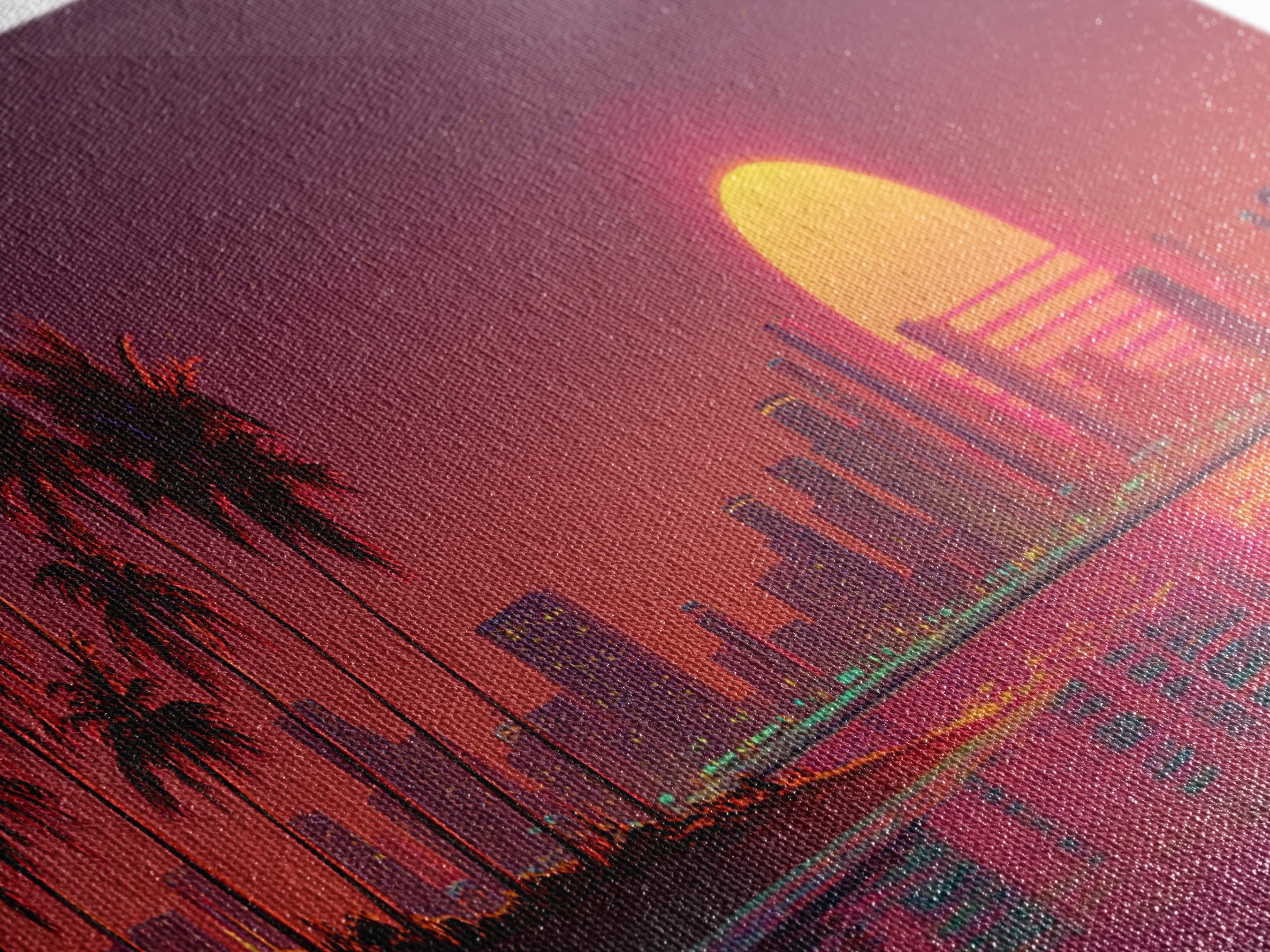 Retro Sunset City Skyline With Palm Trees Canvas Print, Synthwave Wall Art, Coastal Decor, Vaporwave Living Room Wall Decor