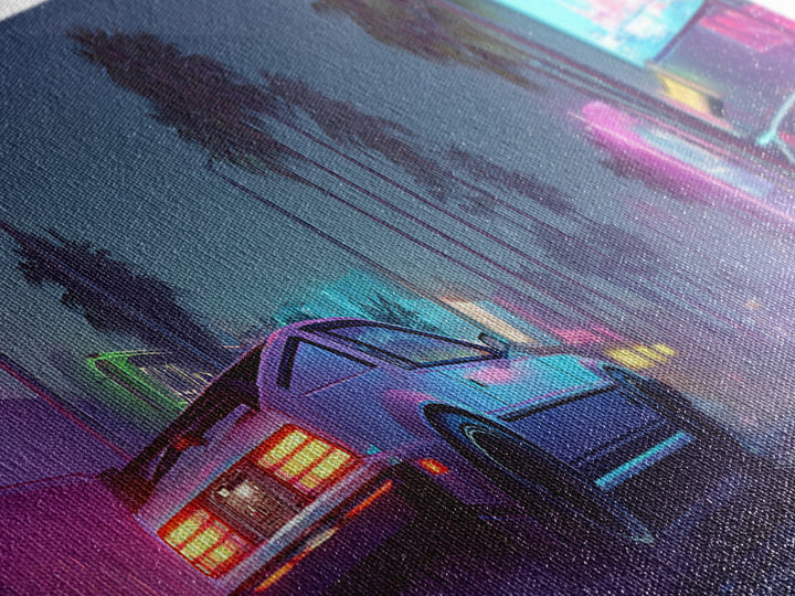 Neon Cyberpunk Sports Car Canvas Print, Futuristic Neon City Wall Art, Synthwave Gaming Room Decor, Vaporwave Gift For Him