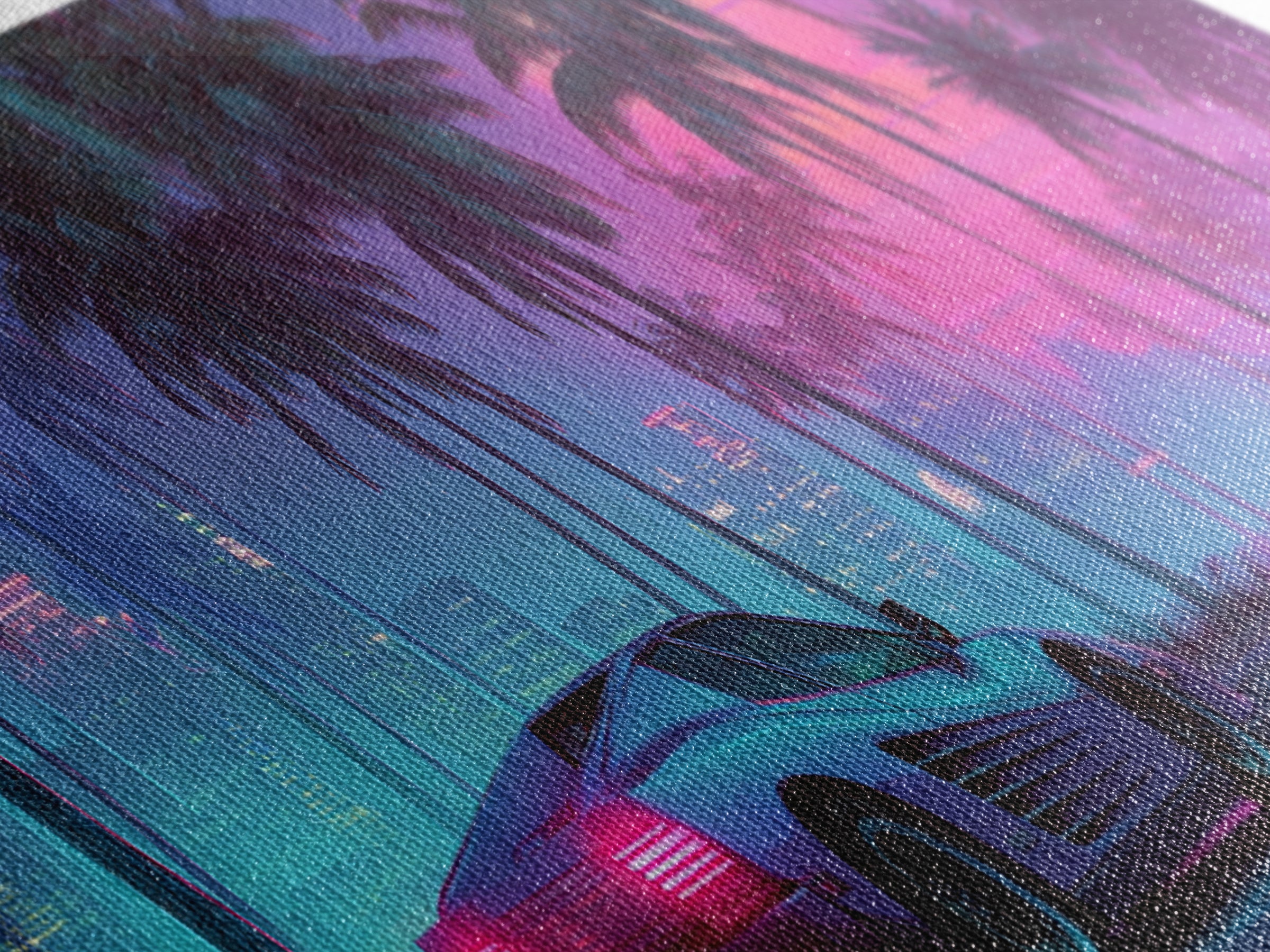 Neon Sports Car Under Palm Trees Wall Art, Cyberpunk Cityscape Canvas, Retro Futurism Decor, Gaming Room Wall Decor, Home Decor