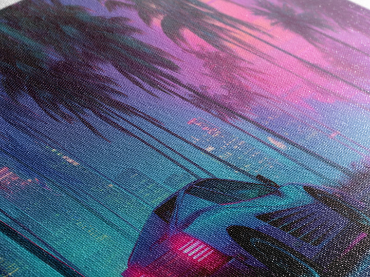 Neon Sports Car Under Palm Trees Wall Art, Cyberpunk Cityscape Canvas, Retro Futurism Decor, Gaming Room Wall Decor, Home Decor