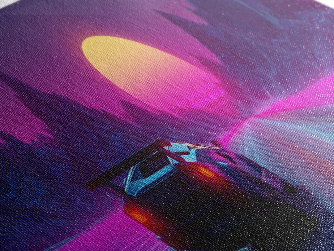 Neon Sports Car On Synthwave Highway Canvas Print, Retro Futuristic Wall Art, Cyberpunk Decor, Vaporwave Gaming Room Art