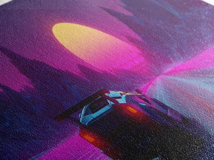 Neon Sports Car On Synthwave Highway Canvas Print, Retro Futuristic Wall Art, Cyberpunk Decor, Vaporwave Gaming Room Art