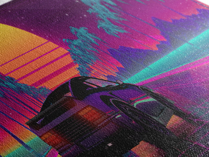 Vaporwave Sports Car Under Neon Palms Canvas Print, Retro Futuristic Wall Art, 80s Synthwave Decor, Gamer Room Poster, Modern Wall Decor