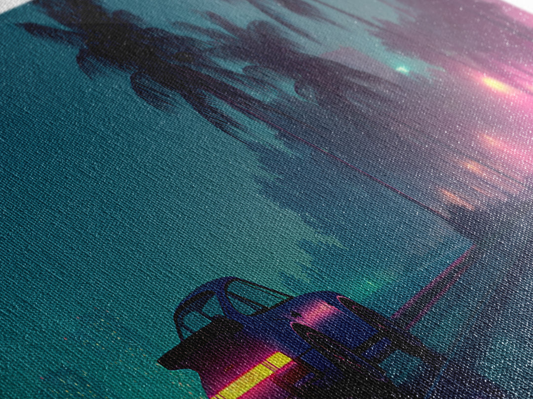 Neon Cyberpunk Sports Car Wall Art, Rainy Palm City Canvas Print, Futuristic Vaporwave Decor, Modern Gaming Room Gift For Him