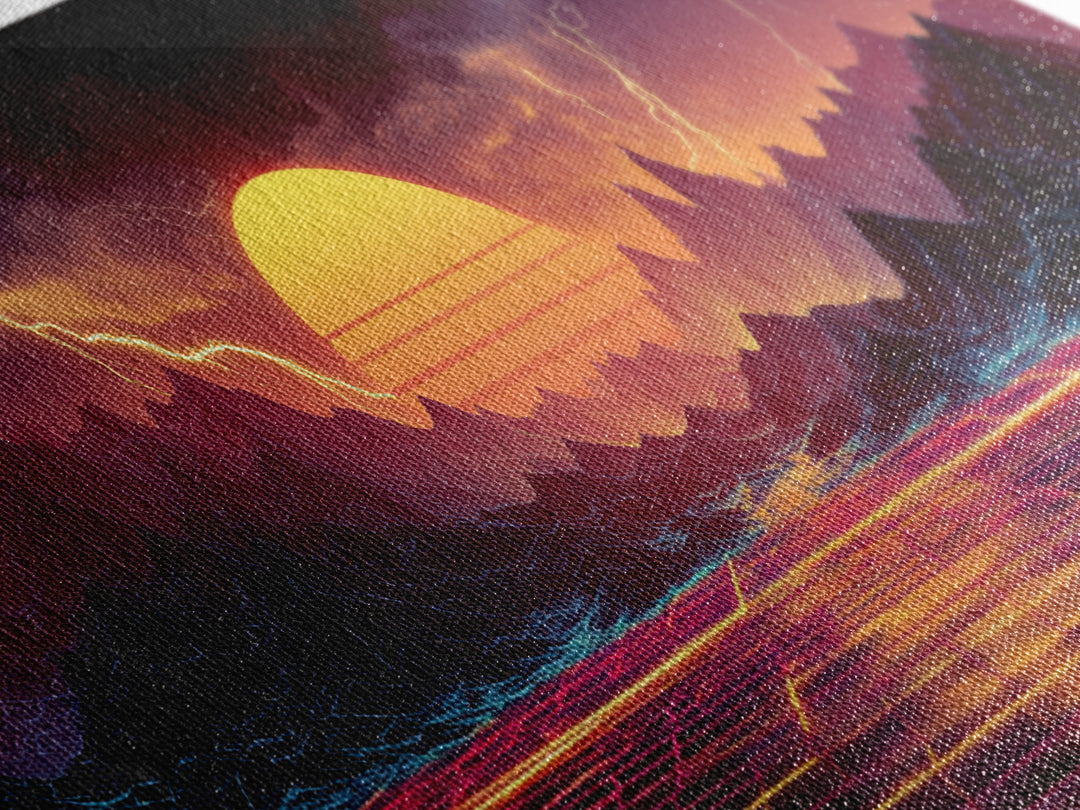 Neon Storm Mountains With Grid Sunset Wall Art, Retro Futuristic Canvas Print, Lightning Landscape For Gaming Room Decor