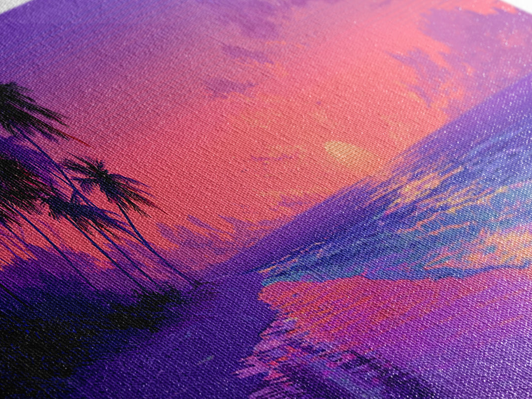 Purple Tropical Beach Sunset Canvas Print, Coastal Wall Art, Palm Tree Ocean Decor, Beach House Decor, Summer Bedroom Art