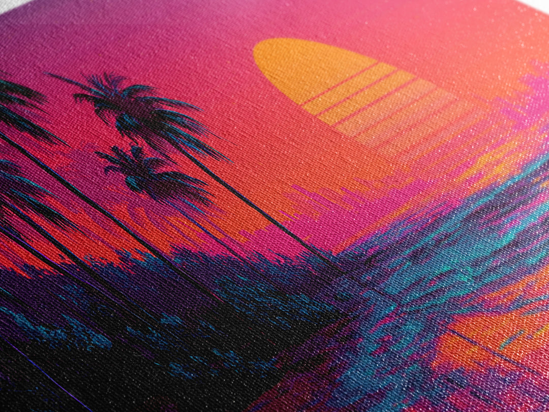 Synthwave Palm Beach Sunset Wall Art, Retro Tropical Ocean Canvas Print, Neon Coastal Decor, Colorful Summer Room Poster