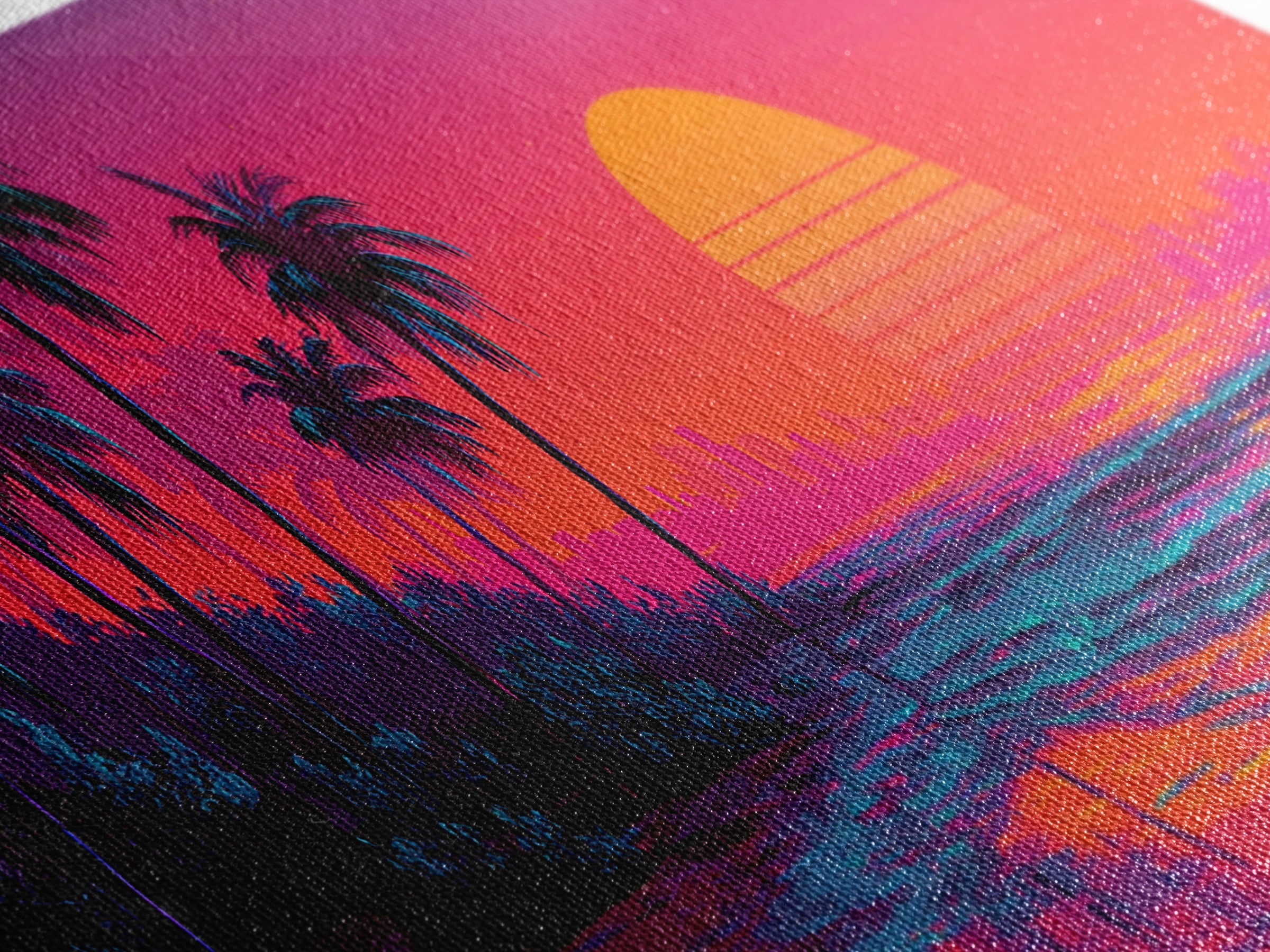 Synthwave Palm Beach Sunset Wall Art, Retro Tropical Ocean Canvas Print, Neon Coastal Decor, Colorful Summer Room Poster