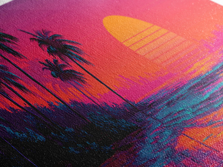 Synthwave Palm Beach Sunset Wall Art, Retro Tropical Ocean Canvas Print, Neon Coastal Decor, Colorful Summer Room Poster