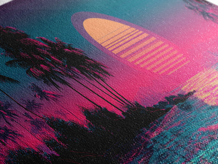 Neon Tropical Palm Sunset Canvas Print, Synthwave Beach Wall Art, Vaporwave Poster, Coastal Decor, Pink Blue Room Decor, Trendy Wall Decor