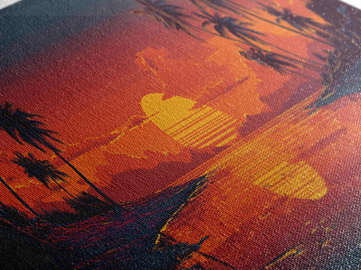 Retro Tropical Sunset Lagoon Wall Art, Pixel Beach Canvas Print, Palm Tree Decor, Coastal Wall Art, Vibrant Wall Decor, Home Decor