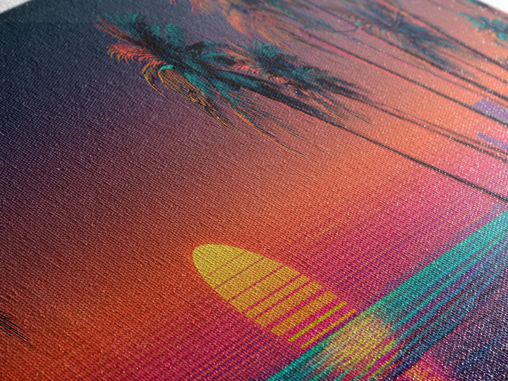 Retro Neon Beach Sunset With Palm Trees Wall Art, Synthwave Coastal Canvas Print, Tropical Ocean Decor, Large Panoramic Living Room Art