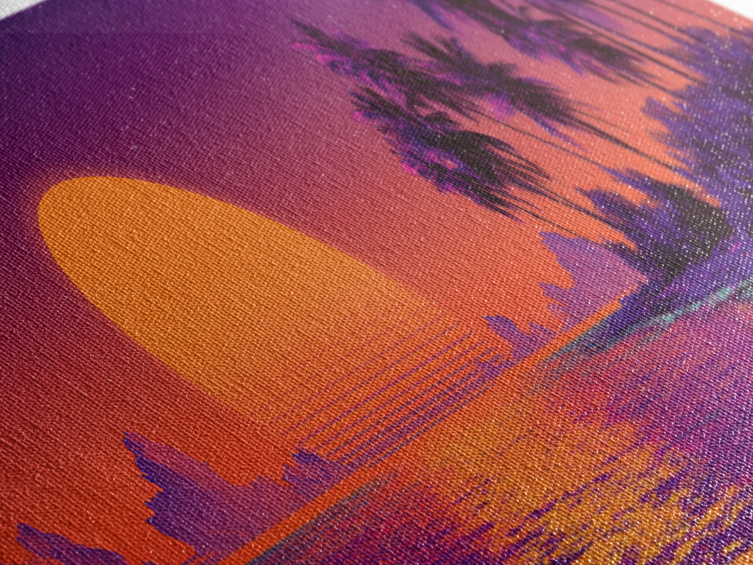 Retro Tropical Sunset Beach Island Wall Art, Purple Ocean Canvas Print, Palm Tree Vaporwave Decor, Coastal Summer Gift For Her