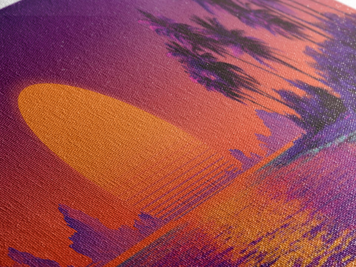 Retro Tropical Sunset Beach Island Wall Art, Purple Ocean Canvas Print, Palm Tree Vaporwave Decor, Coastal Summer Gift For Her
