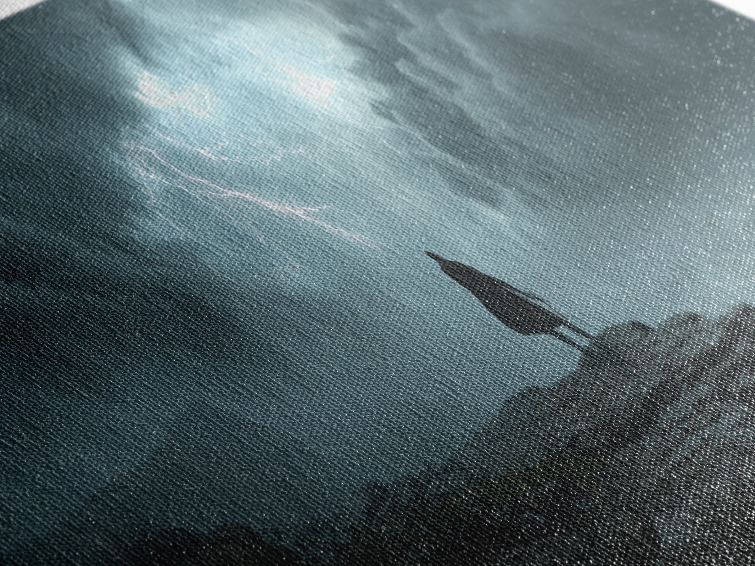 Cloaked Wanderer Under Lightning Canvas Print, Dark Storm Seascape Wall Art, Fantasy Landscape Decor, Moody Office Art Print