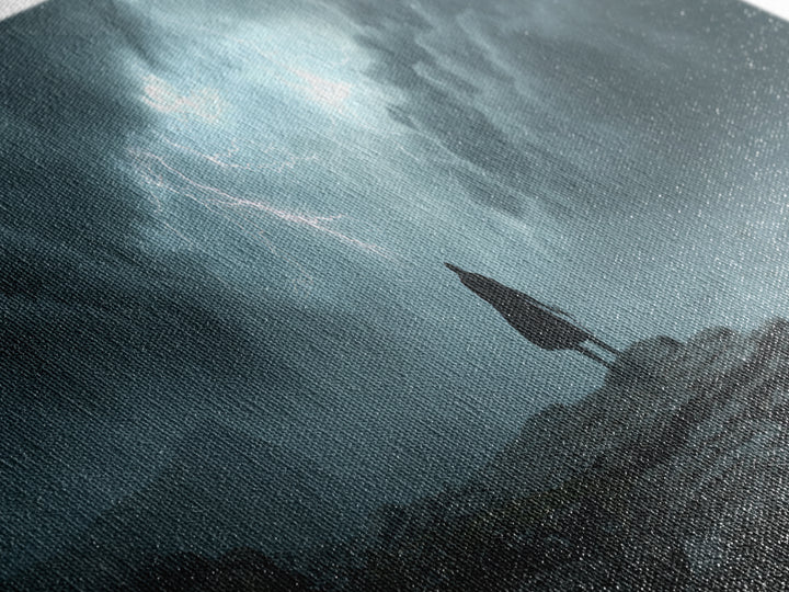 Cloaked Wanderer Under Lightning Canvas Print, Dark Storm Seascape Wall Art, Fantasy Landscape Decor, Moody Office Art Print