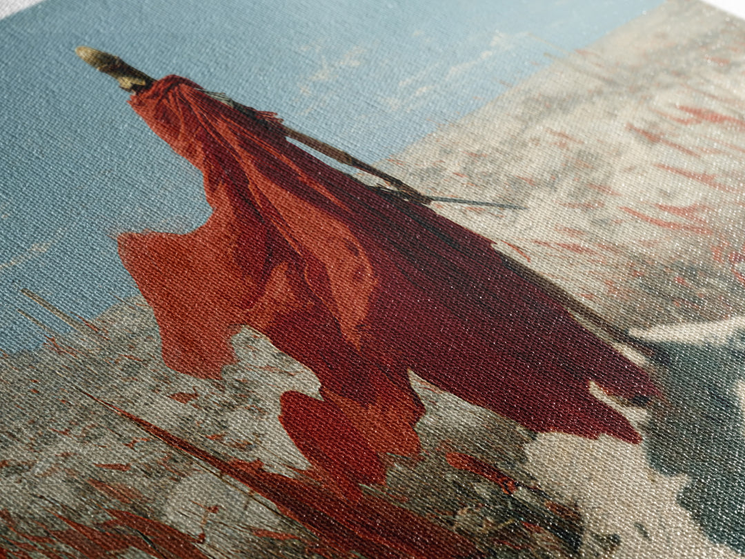 Red Cloaked Commander Over Snowy Battlefield Wall Art, Epic Fantasy Warrior, Historical Canvas Print, Statement Office Decor