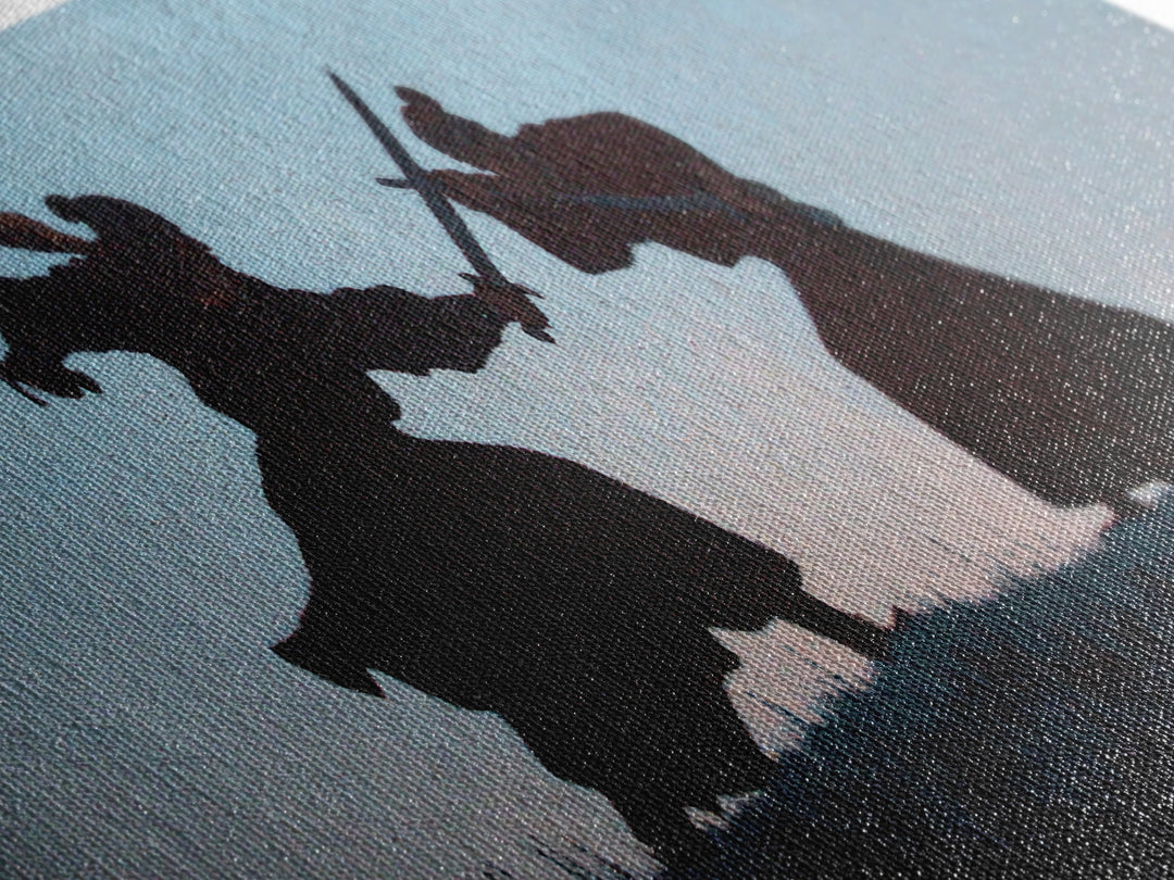 Samurai Duel Silhouette Wall Art, Japanese Warrior Canvas Print, Minimal Black And White Decor For Office And Living Room
