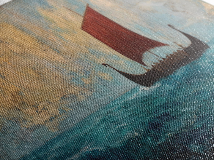 Viking Longship With Red Sail Canvas Print, Nautical Wall Art, Nordic Seascape Decor, Coastal Living Room Art, Ocean Wall Decor