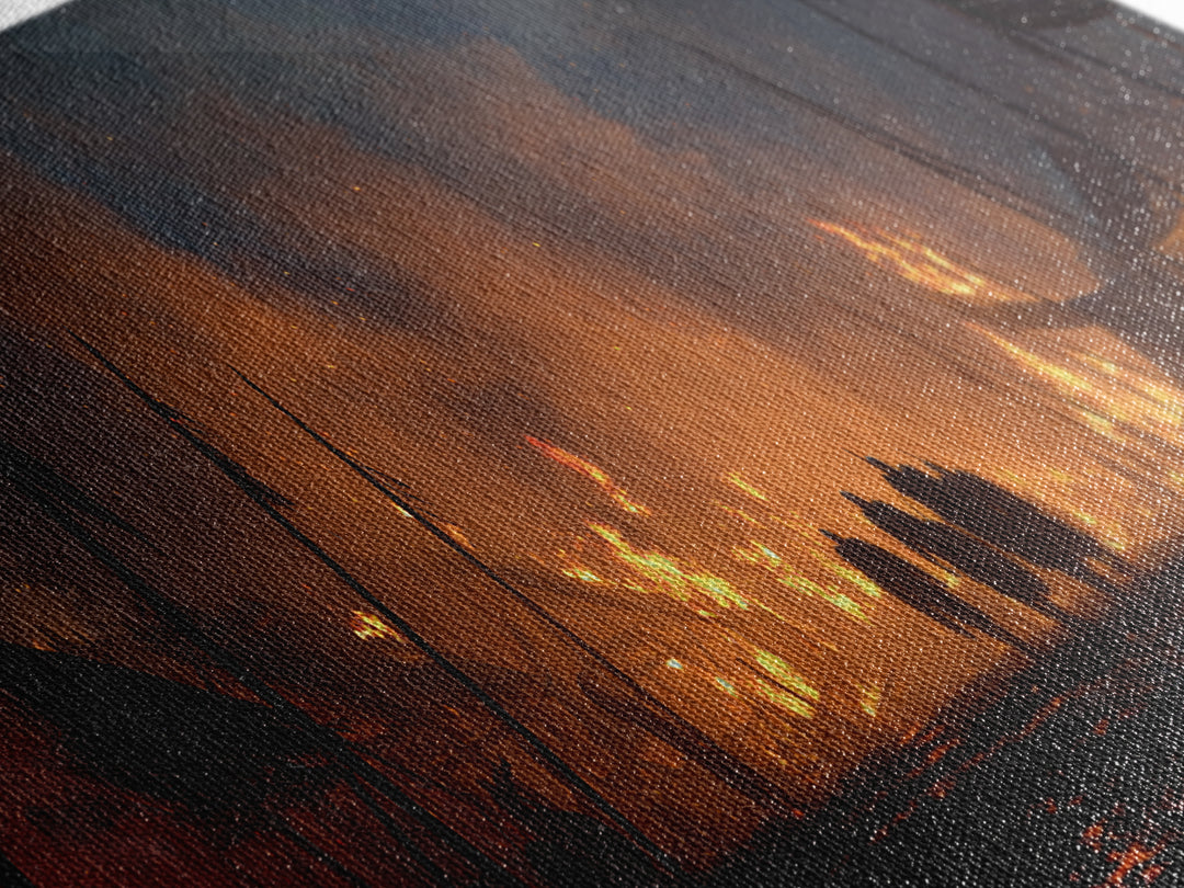 Burning Medieval Camp At Night Wall Art, Dark Fantasy Canvas Print, Fiery Battle Scene, Gothic Game Room Decor, Masculine Wall Decor