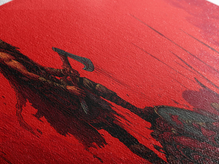 Red Berserker Axe Warrior On Fallen Battlefield Canvas Print, Dark Fantasy Viking Art, Gothic Man Cave Decor Gift For Him