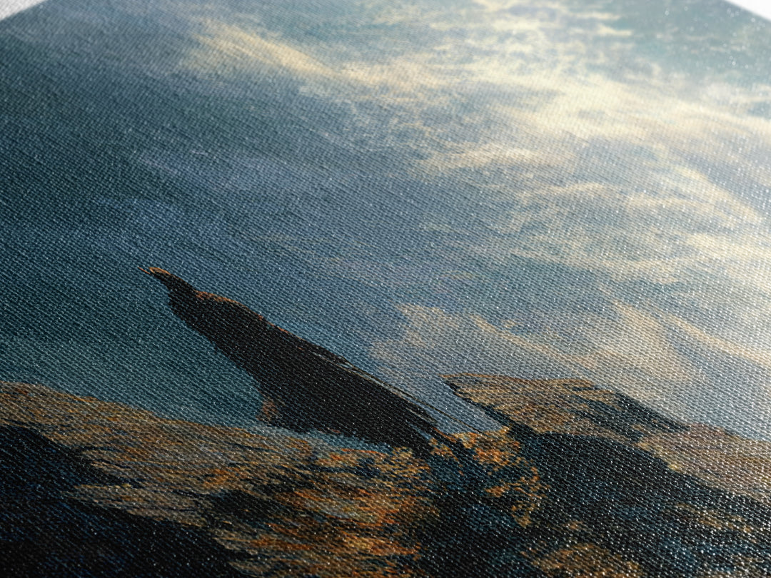 Cloaked Figure Above Crashing Ocean Wall Art, Moody Seascape Framed Canvas Print, Coastal Landscape Living Room Decor Gift