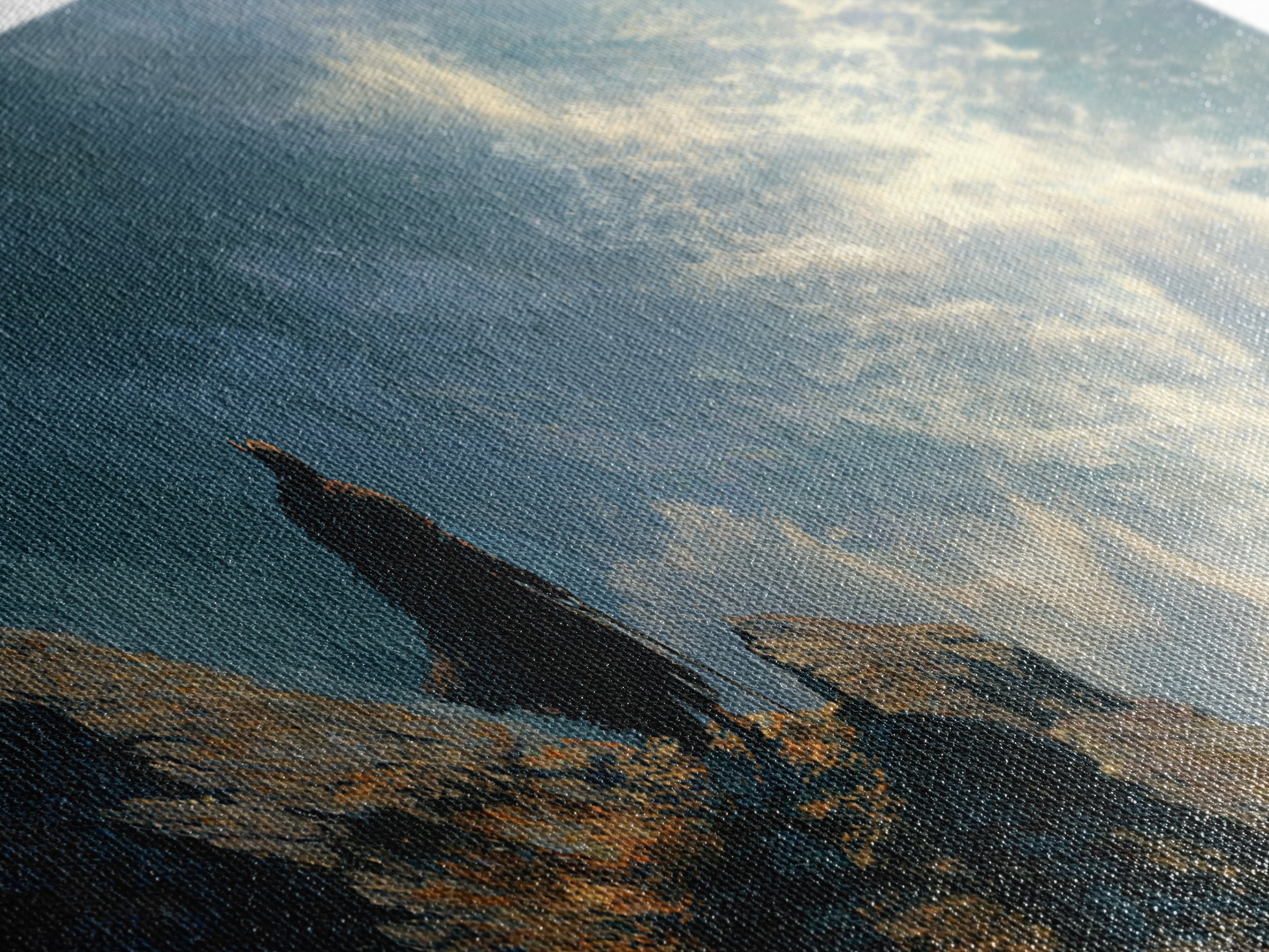 Cloaked Figure Above Crashing Ocean Wall Art, Moody Seascape Framed Canvas Print, Coastal Landscape Living Room Decor Gift