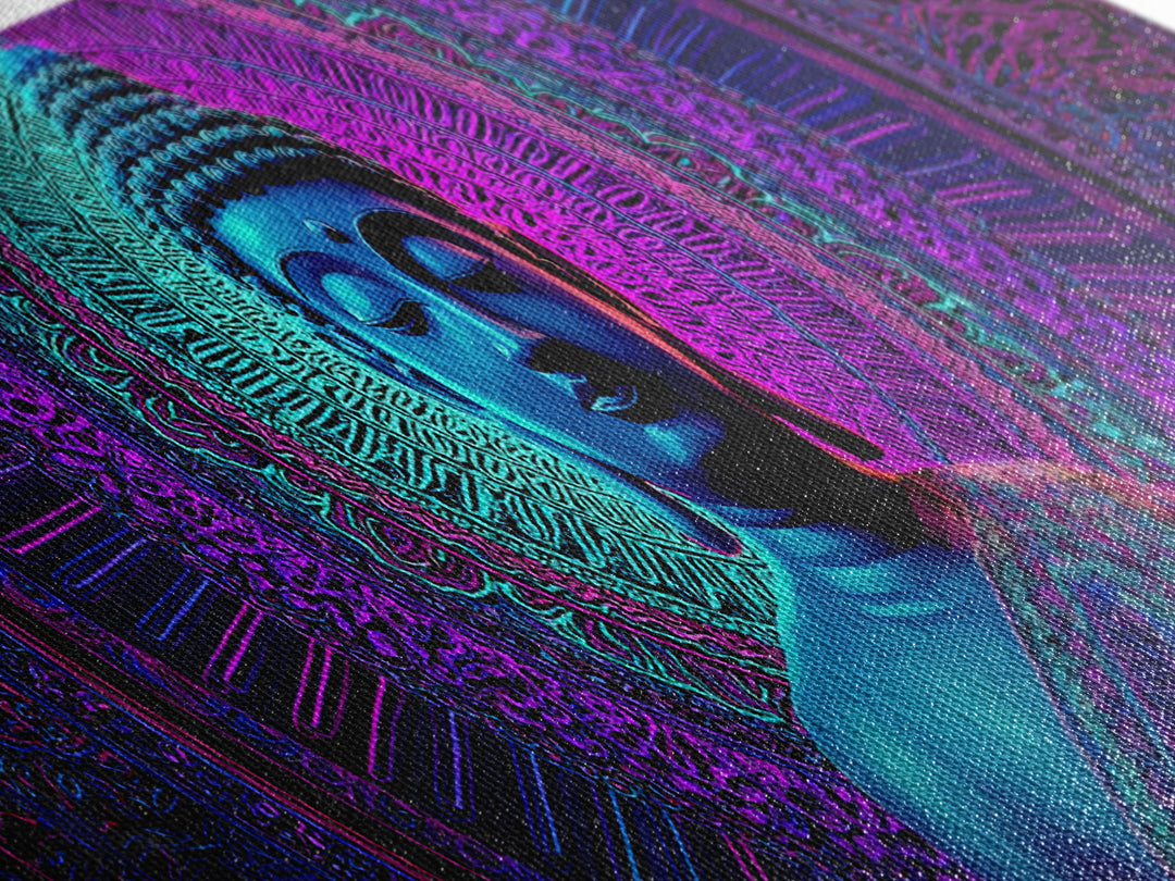 Neon Blue Buddha Meditation Wall Art, Framed Canvas Print, Zen Spiritual Decor, Mandala Yoga Room And Calming Spa Wall Decor