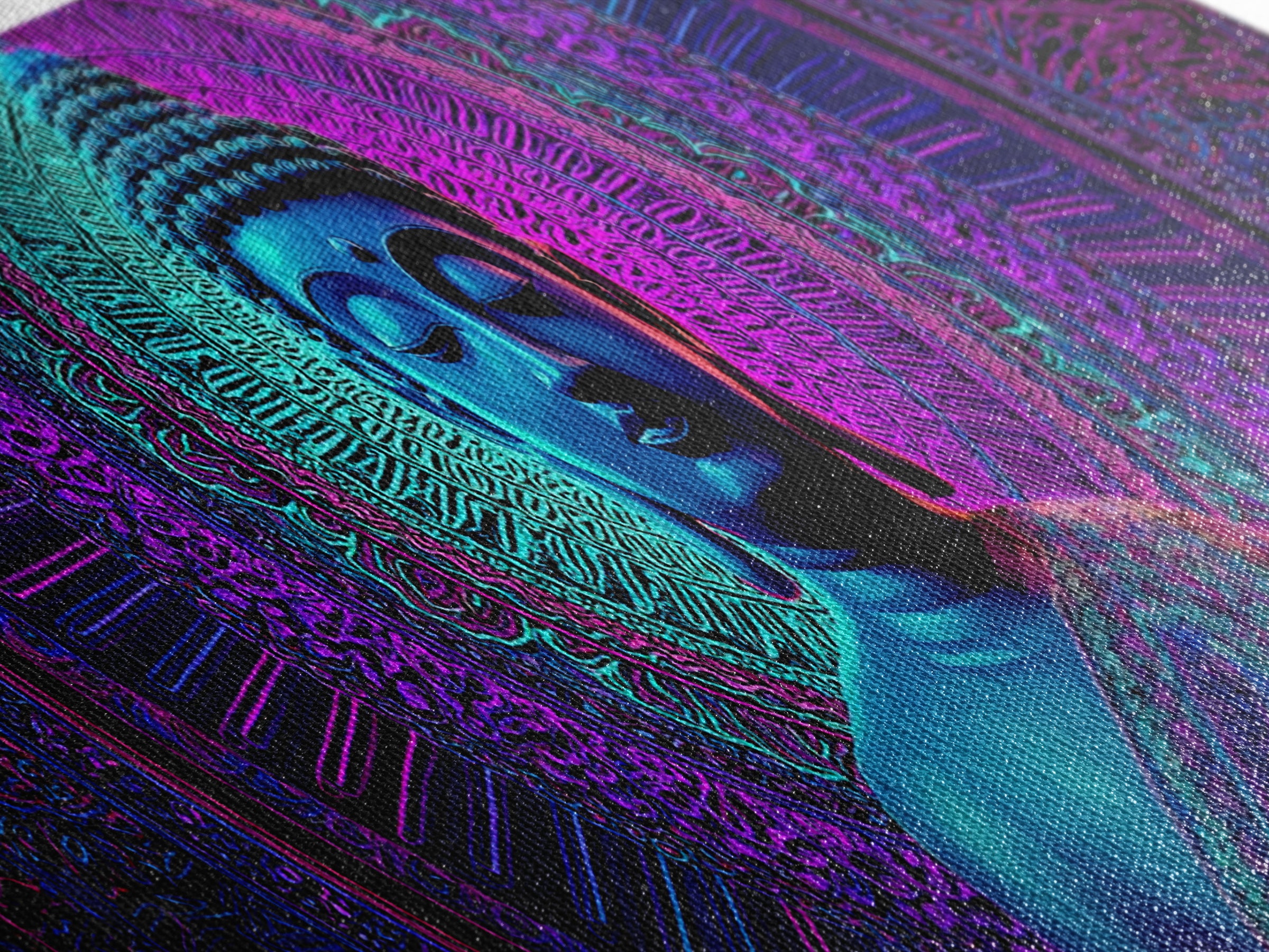 Neon Blue Buddha Meditation Wall Art, Framed Canvas Print, Zen Spiritual Decor, Mandala Yoga Room And Calming Spa Wall Decor