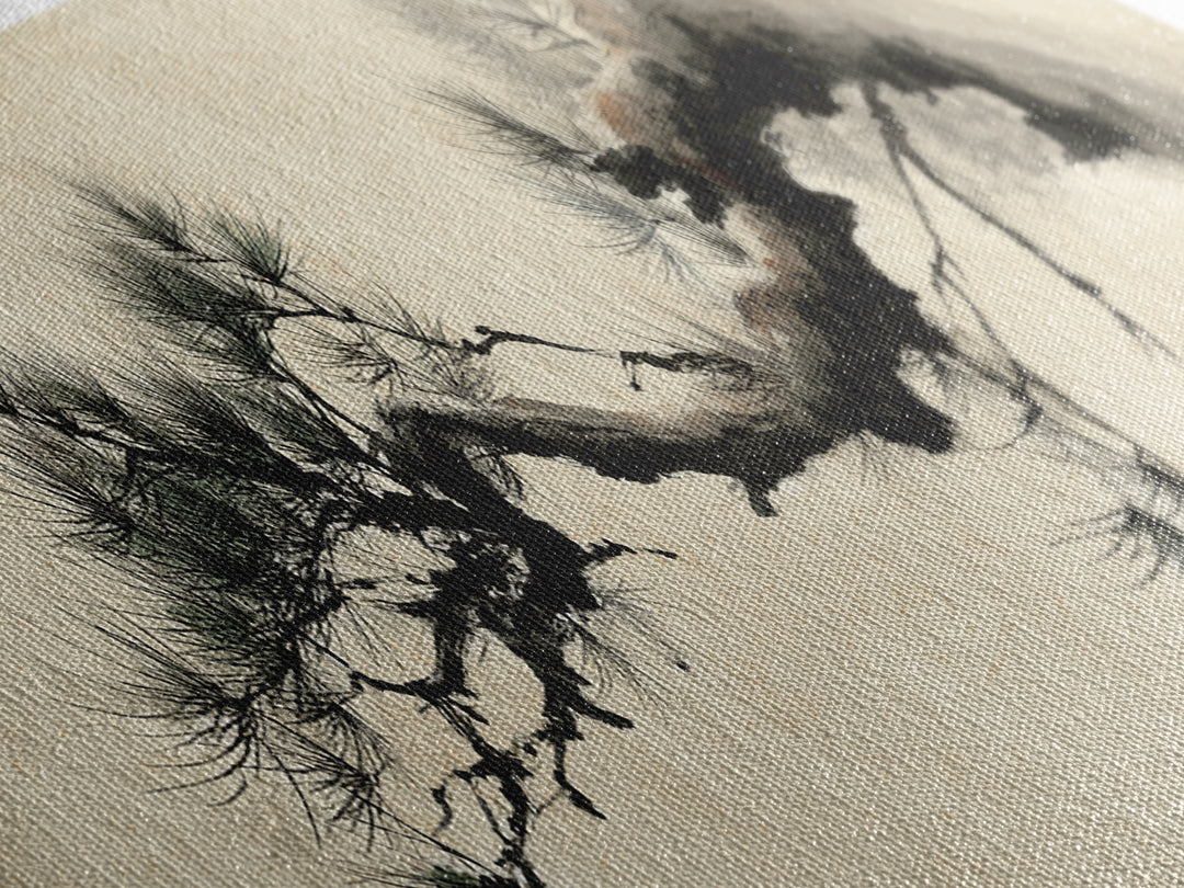 Japanese Ink Pine Branch Wall Art, Minimalist Zen Canvas Print, Asian Botanical Decor, Wabi Sabi Living Room Art, Home Decor