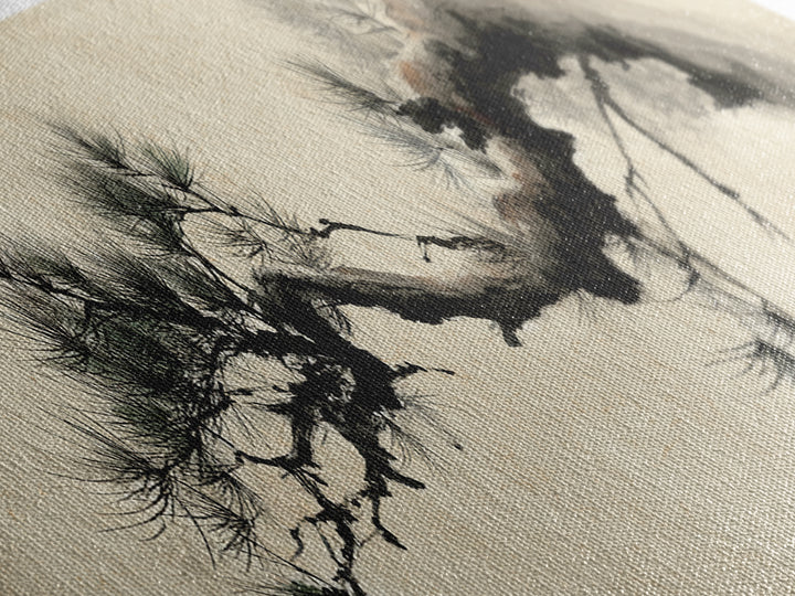Japanese Ink Pine Branch Wall Art, Minimalist Zen Canvas Print, Asian Botanical Decor, Wabi Sabi Living Room Art, Home Decor