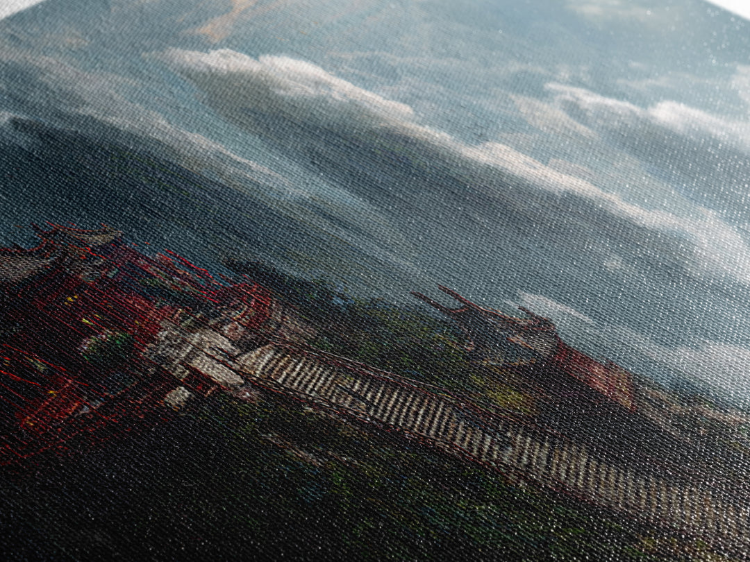 Cloud Temple Mountain Wall Art, Asian Pagoda Fantasy Landscape, Zen Home Decor Framed Canvas Print, Large Living Room Art