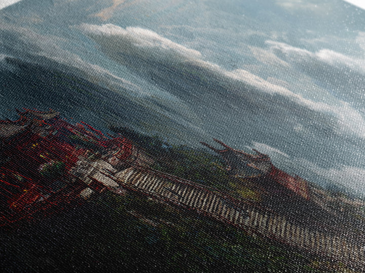 Cloud Temple Mountain Wall Art, Asian Pagoda Fantasy Landscape, Zen Home Decor Framed Canvas Print, Large Living Room Art
