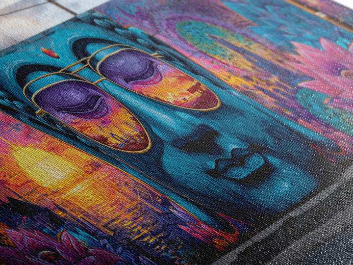 Buddha Mural With Sunset Sunglasses Wall Art, Urban Graffiti Canvas Print, Meditation Decor, Lotus Street Art, Calming Zen Gift