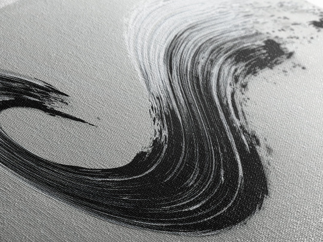 Black Ink Wave Canvas Print, Minimalist Wall Art, Japanese Sumi Painting, Abstract Line Art, Neutral Decor, Zen Office Poster
