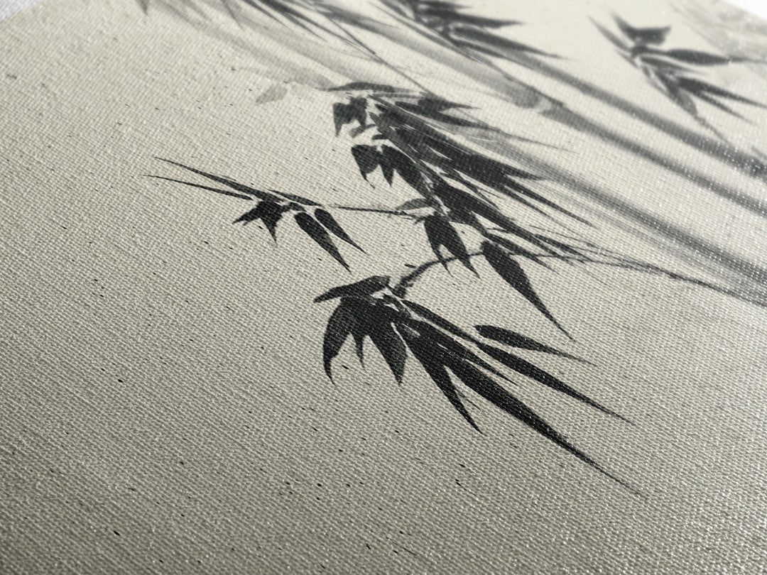 Minimalist Black Ink Bamboo Wall Art, Japanese Sumi Brush Canvas Print, Zen Botanical Decor For Calm Living Room Wall Decor