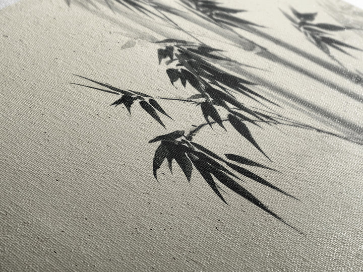 Minimalist Black Ink Bamboo Wall Art, Japanese Sumi Brush Canvas Print, Zen Botanical Decor For Calm Living Room Wall Decor
