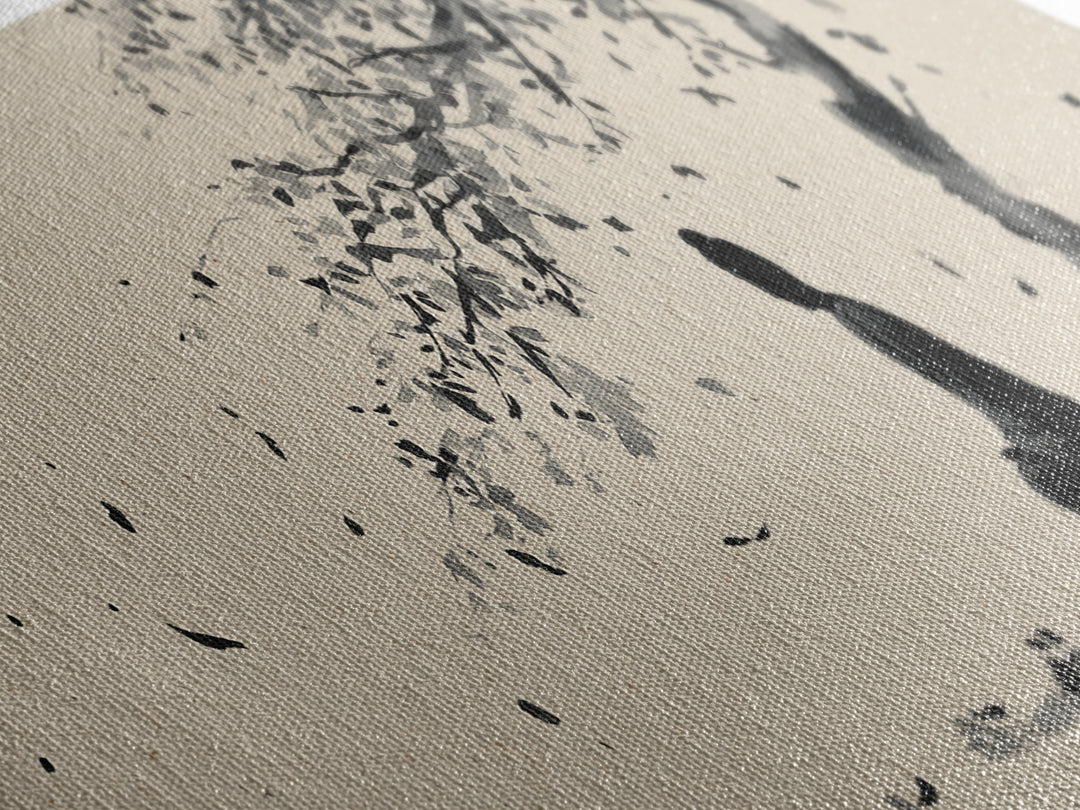 Zen Figure Under Windblown Tree Wall Art, Japanese Ink Landscape, Minimalist Zen Decor, Calming Meditation Room Art Print
