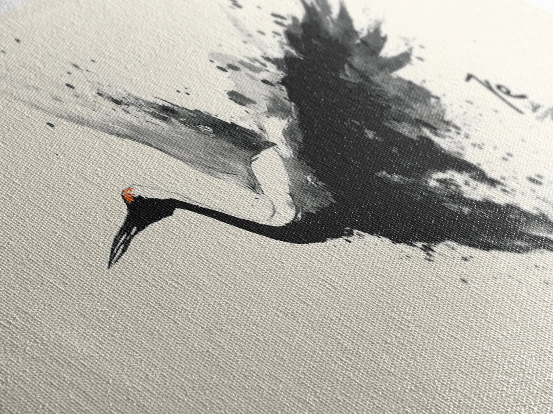 Black Ink Crane Wall Art, Japanese Brush Canvas Print, Minimalist Bird Art, Black And White Art, Zen Wall Decor, Asian Inspired Art
