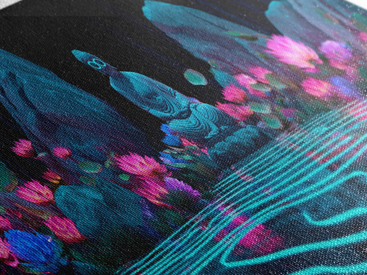 Neon Buddha Lotus Pond Wall Art, Zen Meditation Canvas, Spiritual Decor, Japandi Wall Decor, Yoga Room, Calming Art Print