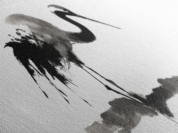 Black Ink Crane Wall Art, Minimalist Bird Painting Canvas Print, Japanese Wall Decor, Zen Home Decor, Black And White Art