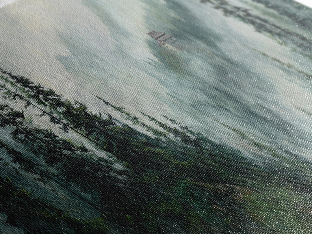 Misty Pine Mountain Temple Wall Art, Foggy Evergreen Forest Landscape, Japandi Nature Decor, Long Horizontal Canvas Print
