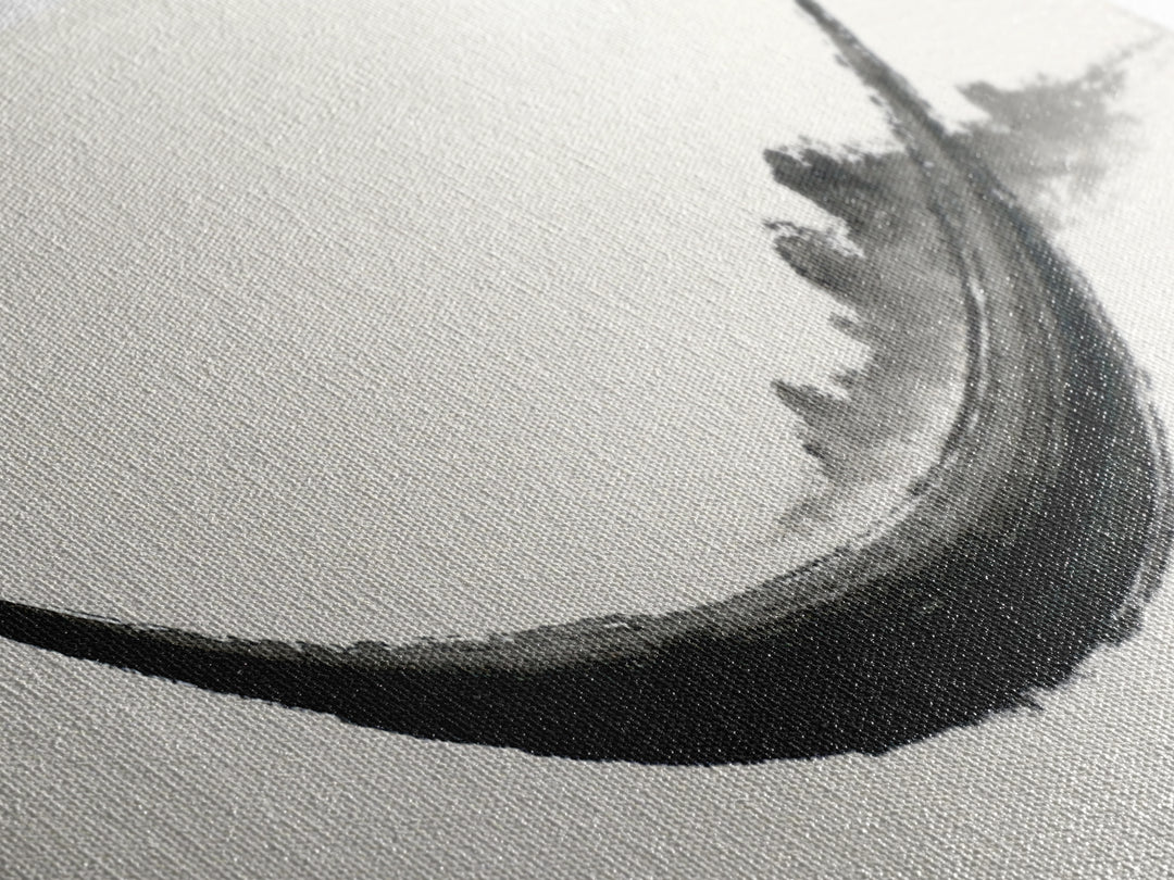Minimal Black Ink Boat Wall Art, Japanese Zen Canvas Print, Monochrome Abstract, Wabi Sabi Decor, Long Horizontal Art Print