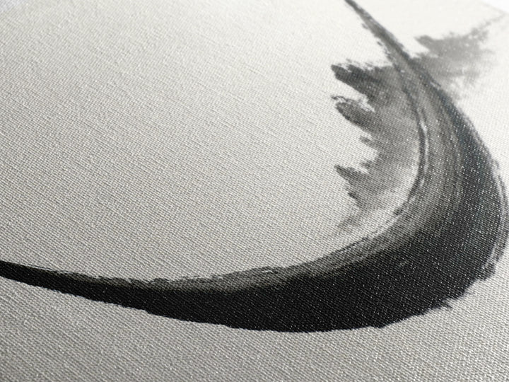 Minimal Black Ink Boat Wall Art, Japanese Zen Canvas Print, Monochrome Abstract, Wabi Sabi Decor, Long Horizontal Art Print