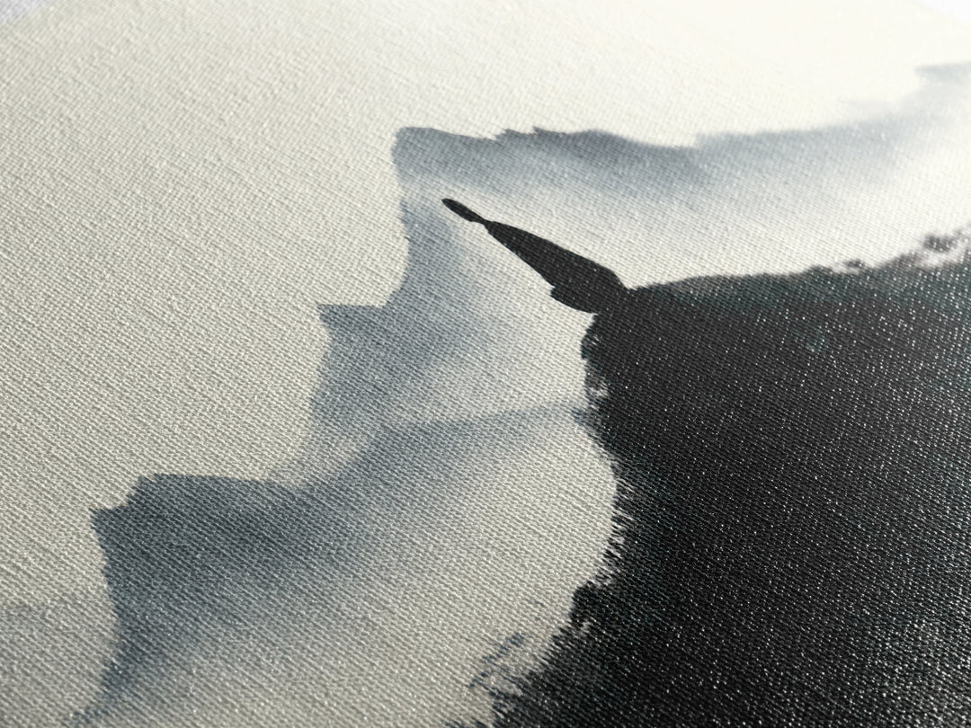 Minimalist Monk Mountain Wall Art, Japanese Ink Wash Landscape, Zen Meditation Decor, Black And White Framed Canvas Print