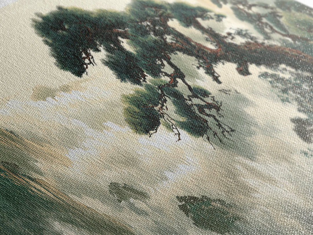 Misty Pine Mountain Landscape Wall Art, Asian Zen Framed Canvas Print, Japandi Nature Decor For Living Room And Office Home Decor