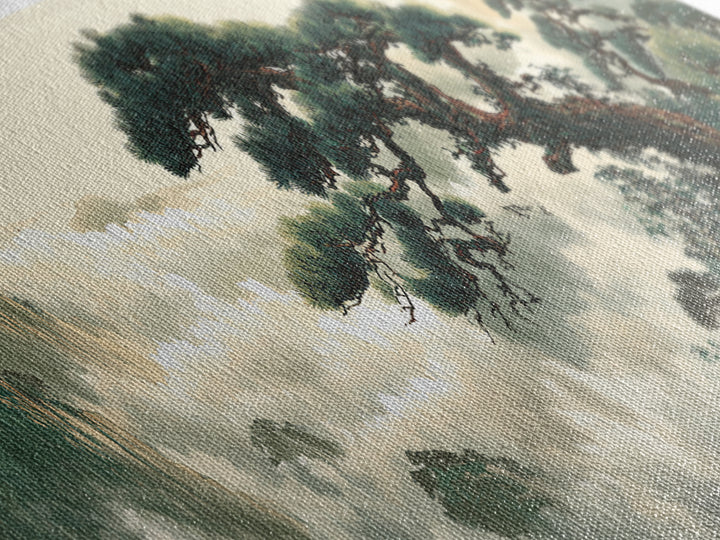 Misty Pine Mountain Landscape Wall Art, Asian Zen Framed Canvas Print, Japandi Nature Decor For Living Room And Office Home Decor