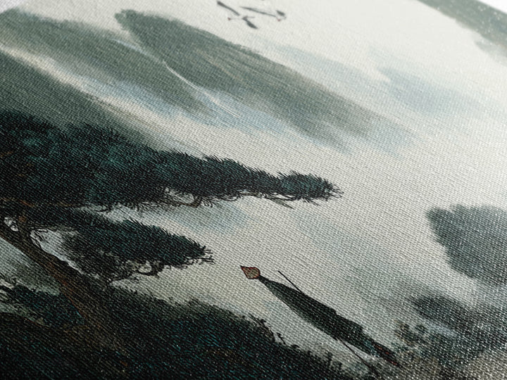 Misty Mountain Pine Landscape Wall Art, Japanese Ink Style Canvas, Zen Nature Print, Panoramic Living Room Decor, Calming Office Decor